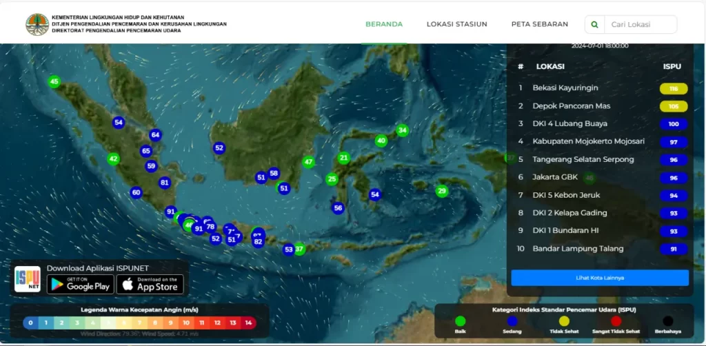 Tangkapan layar dari Indeks Standar Pencermaran Udara