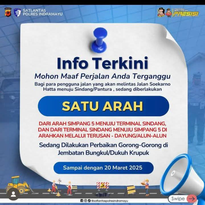 Sistem satu arah diberlakukan di Jalan Soekarno Hatta Indramayu dikarenakan adanya perbaikan gorong-gorong. (Foto: Istimewa)